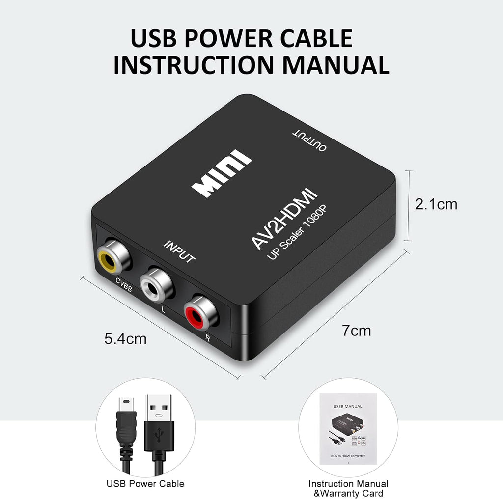 1080P Mini RCA Composite CVBS AV to HDMI Video Audio Converter Adapter Supporting PAL/NTSC with USB Charge Cable