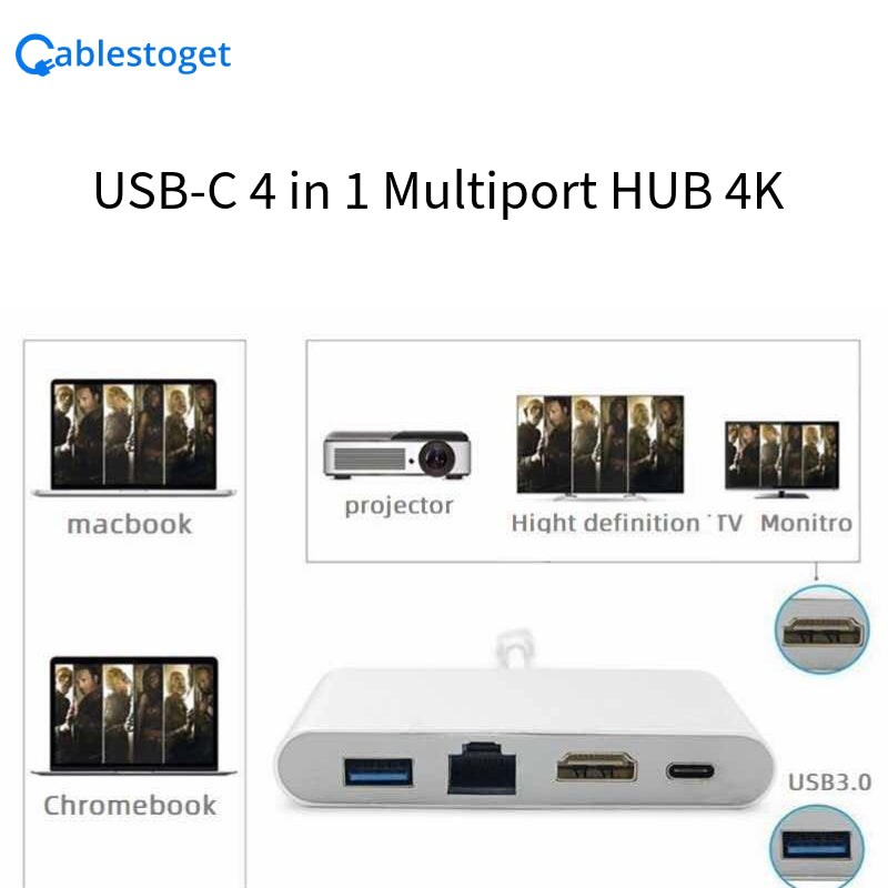 USB-C 4 in 1 Multiport HUB 4K HDMI output, USB 3.0, 100W PD Charging & Gigabit Ethernet, Compatible with Mac, Windows and all other USB-C Devices, Phones etc.